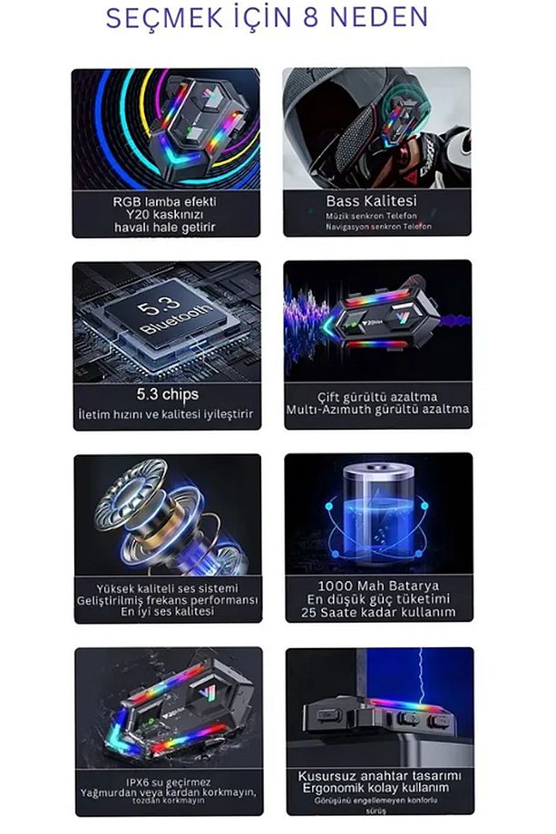 Y20 Interkom Cihazı RGB Işık + 5.3 Bluetooth Motosiklet Intercom Interkom İnterkom - 2