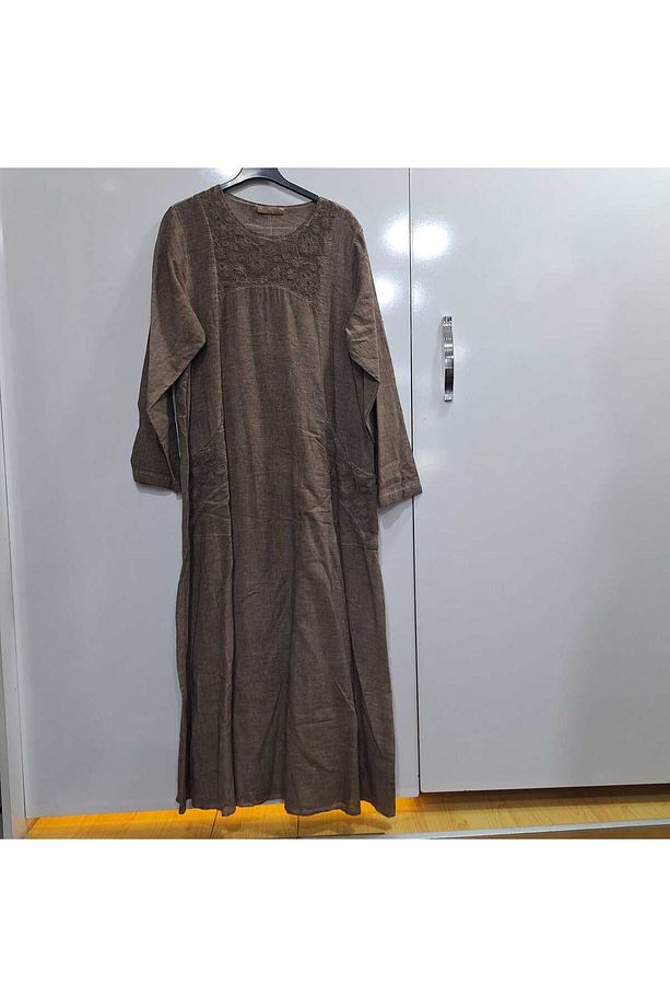 kadın kahve %100 Pamuk şile bezi uzun kol astarlı yıkamalı çekme yapmaz şile bezi elbise - 1