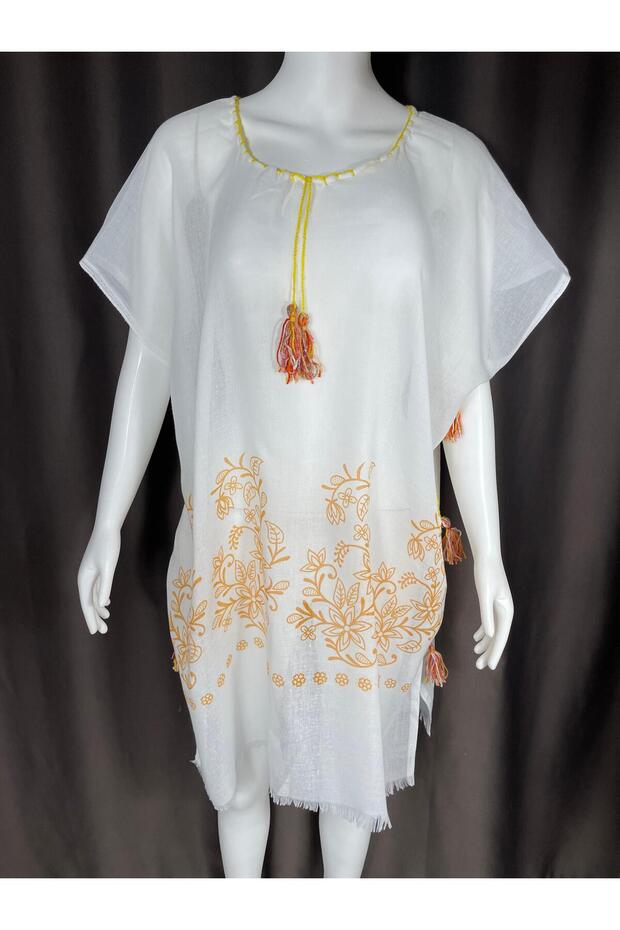 White Orange Floral Patterned Beach Dress – Tasseled Cotton Pareo Tunic