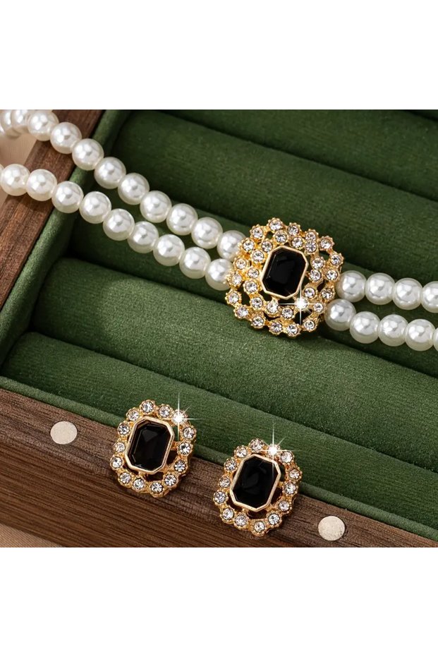 Elegant - Luxury Black Stone Double Row Pearl Gift Special Occasion Stylish Pearl Necklace and Earrings Jewelry Set
