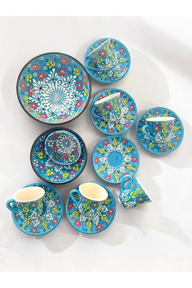 Decorative 6-Person Stylish Tulip Tile Design Fully Handmade Coffee Cup Set and Snack Bowl-Sauce Bowl