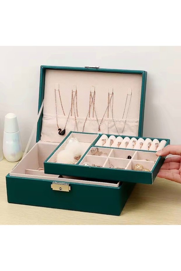 Two-Layer Green Color Jewelry Organizer, Multi-Purpose Jewelry Storage Box