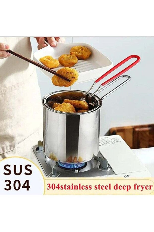 Household 304 Stainless Steel Deep Fryer with Lid Clip & Strainer Basket