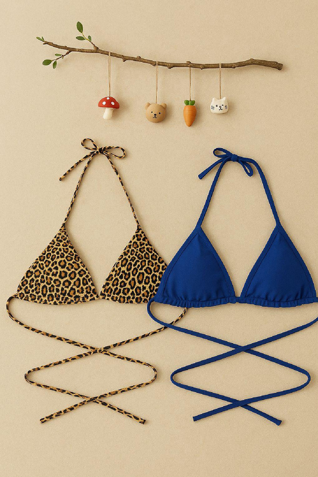 Kadın Leopar Desenli ve Mavi Minimal Kesim Üçgen Bikini Üstü - 3