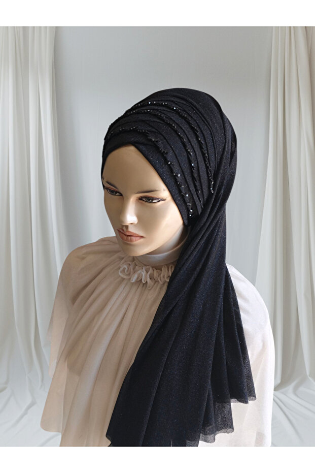 Rana Model Black Glitter Moon Veil 3 Rows Embroidered Ready Veil Ready Shawl Ready Turban