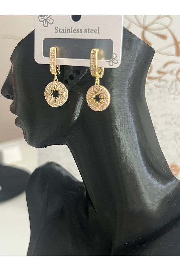 Çelik Paslanmaz Özel Model Zirkon Taşlı Sarı Küpe - 2