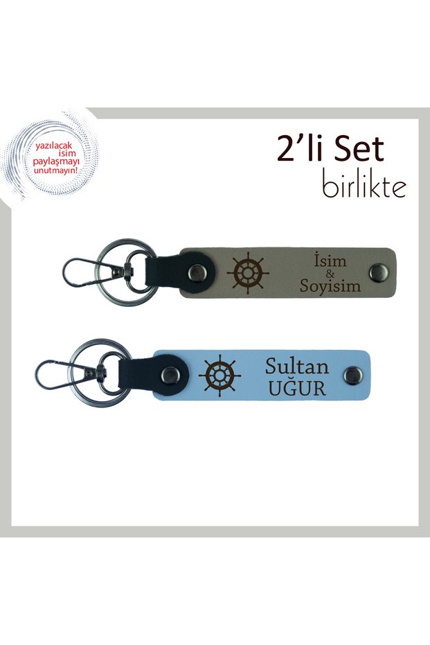 Leather Keychain Set with Ship Figure, Ash Gray-Sky Blue, a Gift That Says "Always Be There" for Your Lover