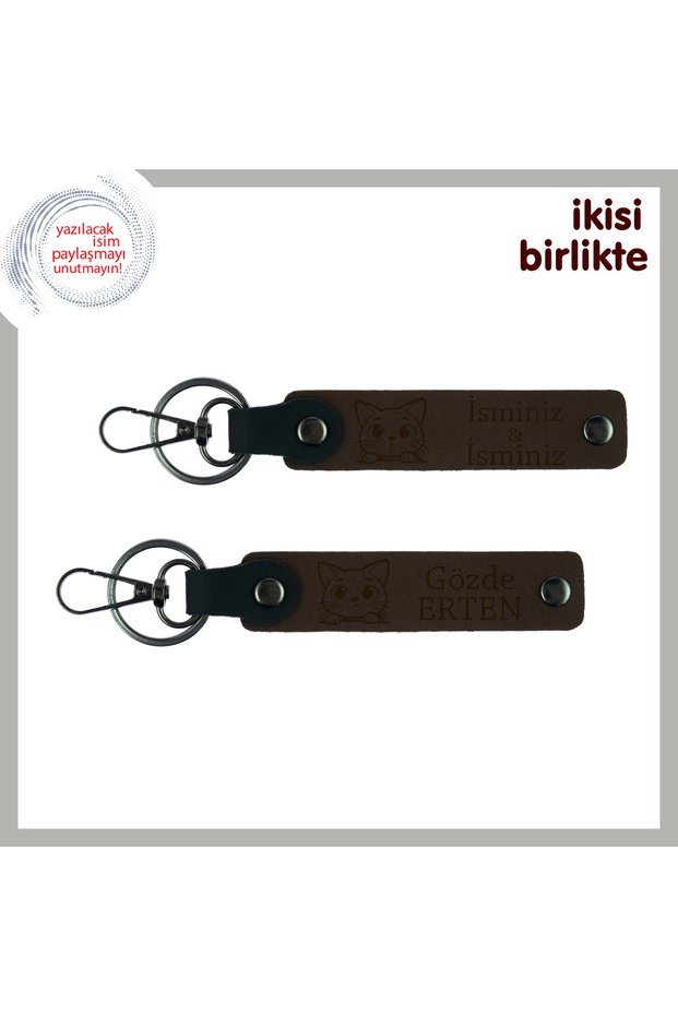 Cat Motif Leather Keychain Set, Dark Brown-Dark Brown, Special Gift for the Silent Hero in the House