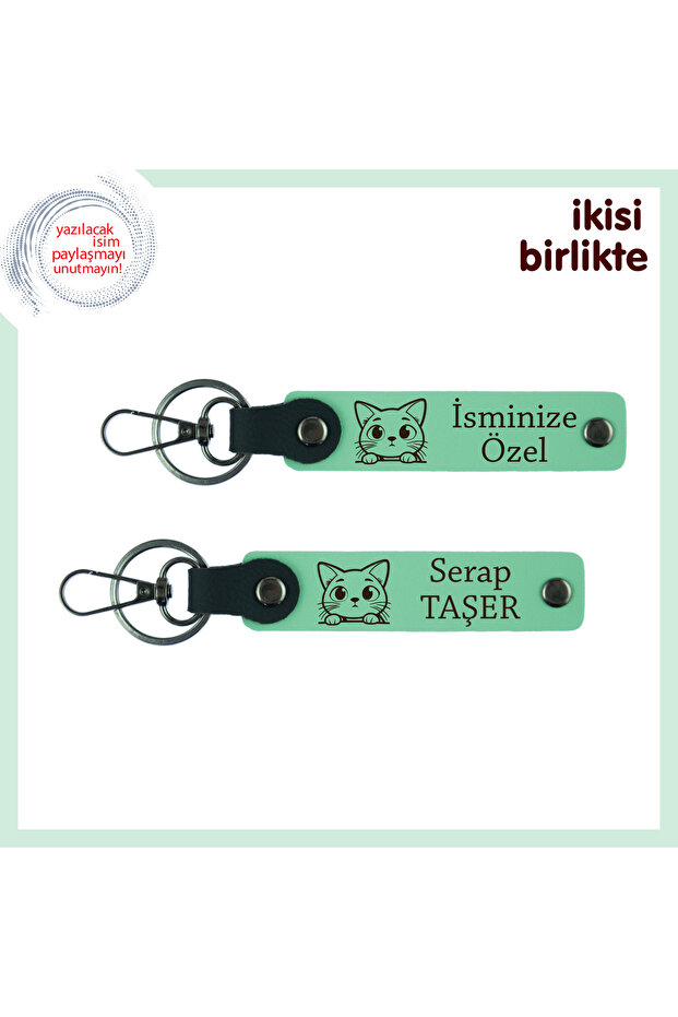 Set of 2, Light Green-Light Green, Lover Who Loves Cat Style, Personal Name Written Leather Keychain