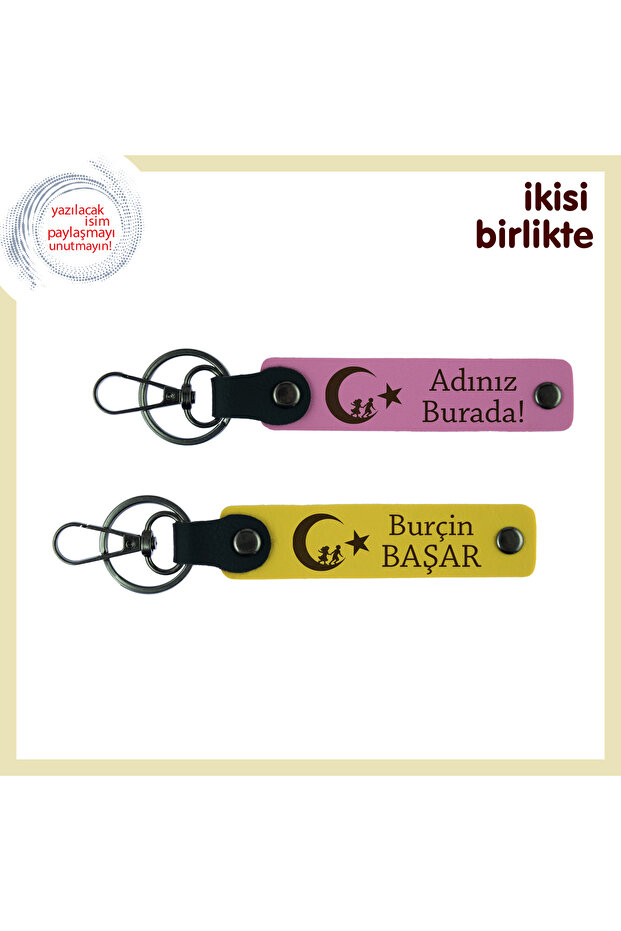 Gift Integrated with Love – Children and Crescent Star Themed Leather Keychain Set X2 Set, Pink-Yellow