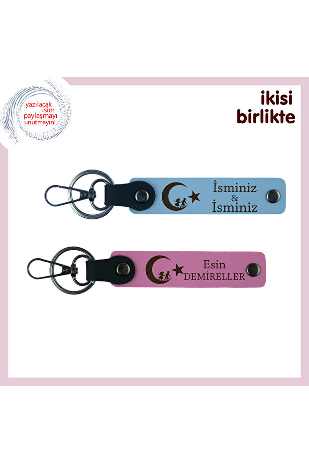 Team, Sky Blue-Pink, Loving Gift for Your Loved Ones – Children and Crescent and Star Patterned 2-Piece Keychain