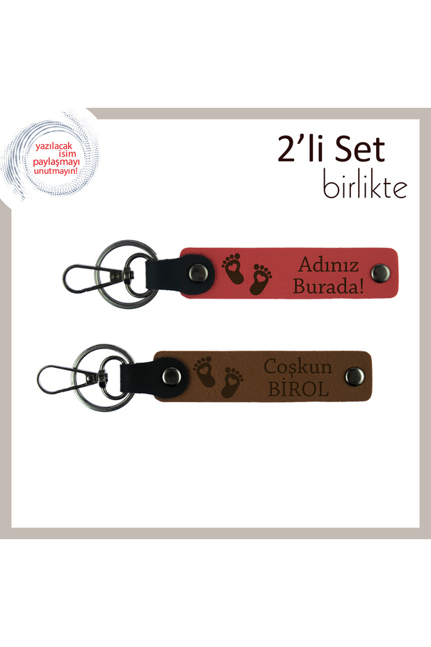 Blue Colored Heart Foot Motif Leather Keychain Suitable for Baby Boy, Name Can Be Written, Pomegranate-Light Brown