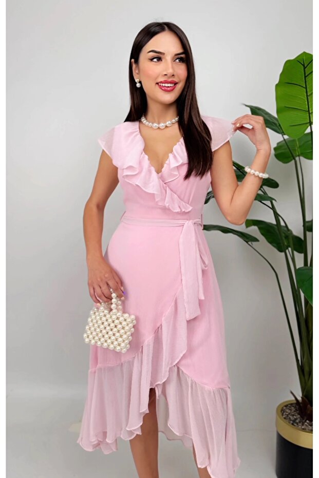 ŞİFON ELBİSE PEMBE - 3