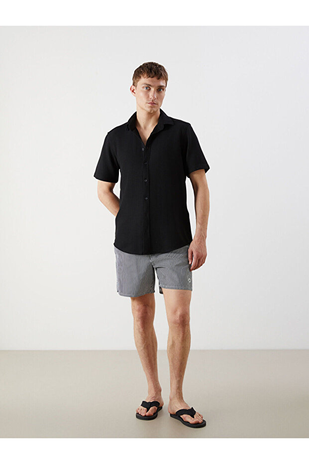 Navy Blue Short Length Striped Men's Swim Shorts