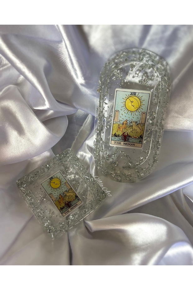 The Moon Ay Tarot Kartlı Gümüş Varaklı Epoksi Küllük Ve Epoksi Takı Tabağı Seti 2’li Set - 6