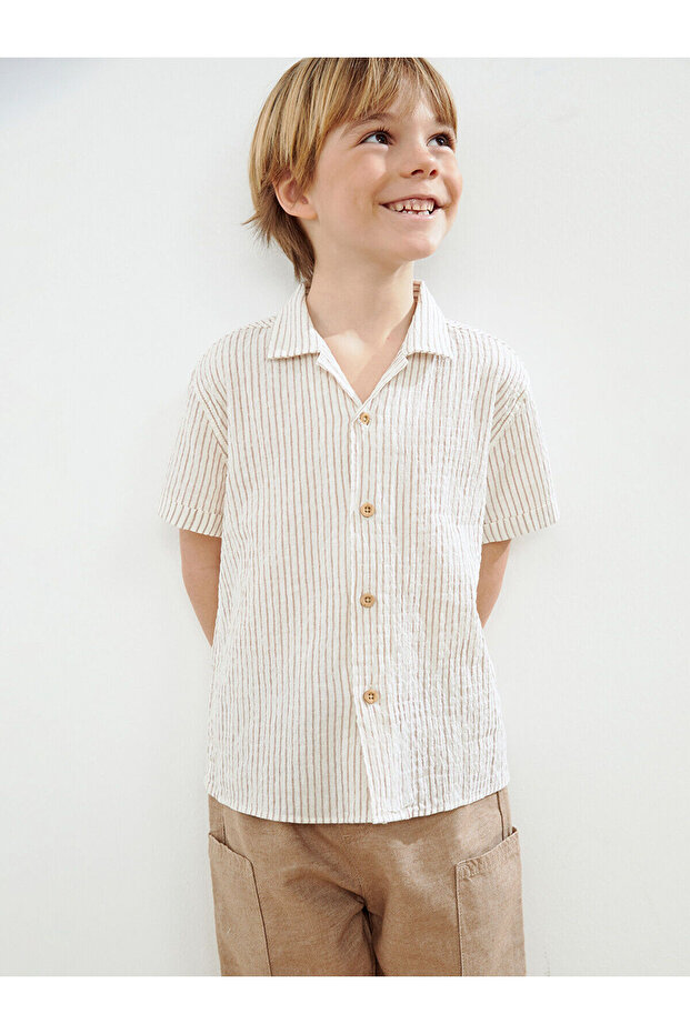 Beige Striped Boys' Linen Shirt