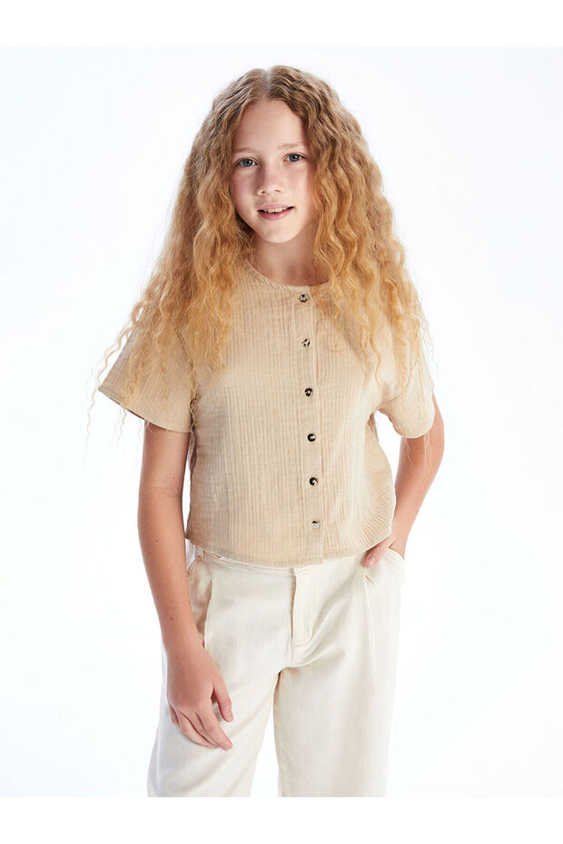 Crew Neck Muslin Girl's Crop Shirt