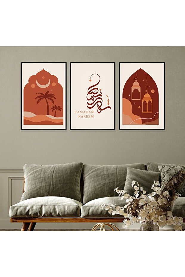 ثلاث لوحات قماشية بتصميم اسلامي لشهر رمضان مع برواز أسود مجوف