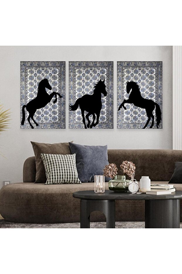Three horse canvas paintings with hidden wooden frame