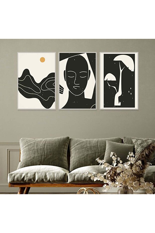 Three Bohemian Art Canvas Paintings with Hollow Silver Frame