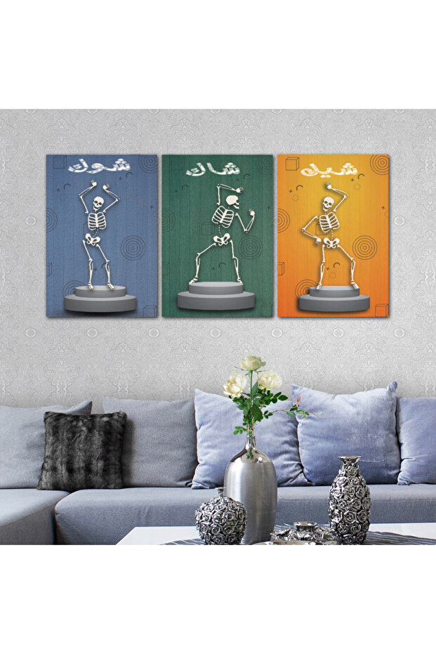 Three pop art canvas panels with a hollow silver frame