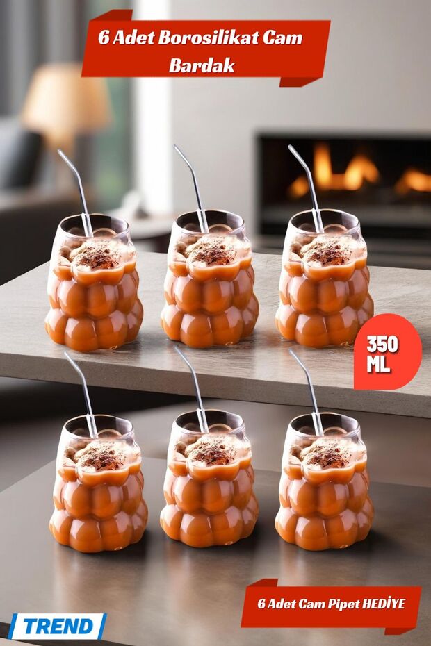 6 Adet Üzüm Model Borosilikat Kokteyl  Soğuk Sıcak Kahve Meşrubat Bardağı 6 Cam Pipet Hediye 350 ML - 3