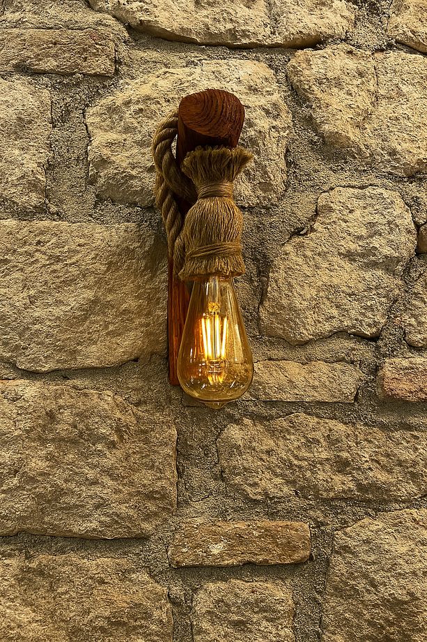 Halat Detaylı Ahşap Duvar Lambası – Retro Rustik Aplik Kafe Ev Balkon Ofis Aydınlatma. - 2