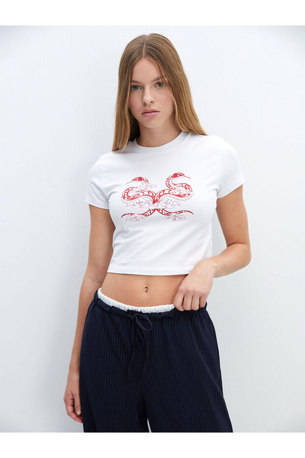 Lcw Vision Crew Neck Printed Women's Crop
