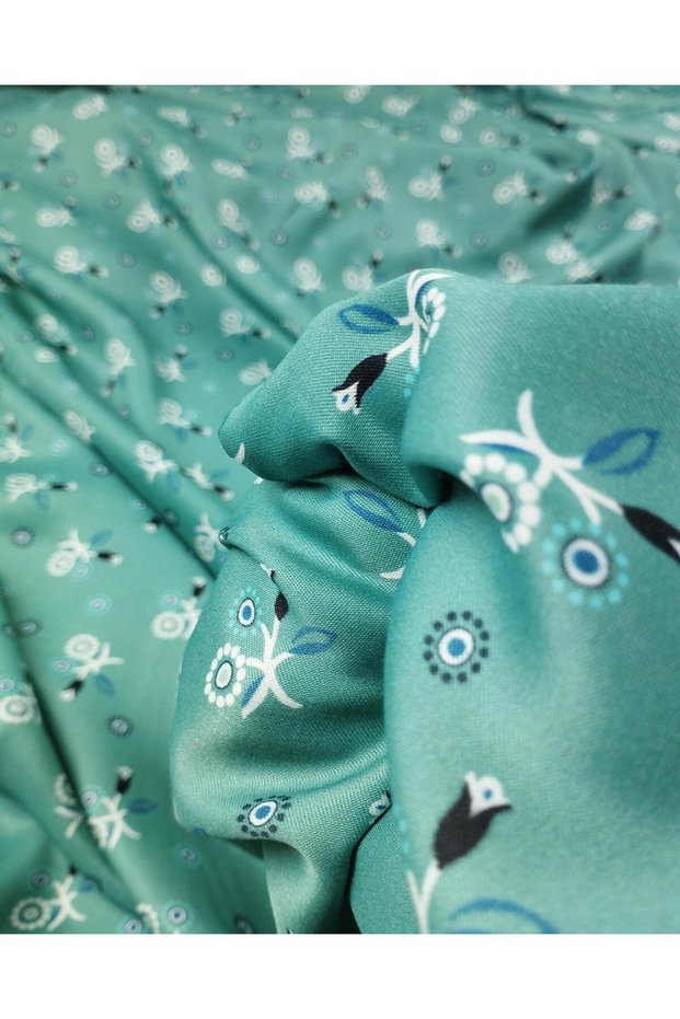 Satin Viscose with Flowers on Green (Width 140 cm X Length 360 cm)