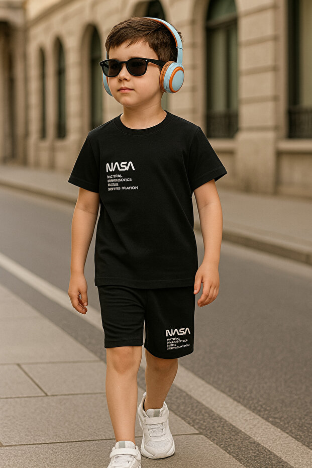 Boy's Nasa Printed Children's Shorts Suit 6 - 15 Years Black