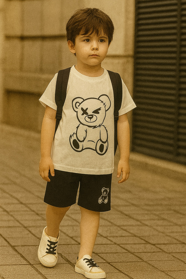 Boys' Cartoon Teddy Bear Printed Children's Shorts Set 6 - 15 Years White Black