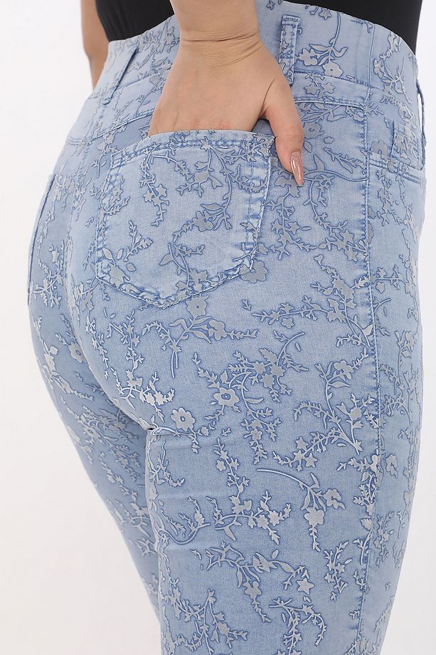 Kadın Yazlık Buz Mavi Flok Mavi Çiçek Baskılı Pantolon - 6