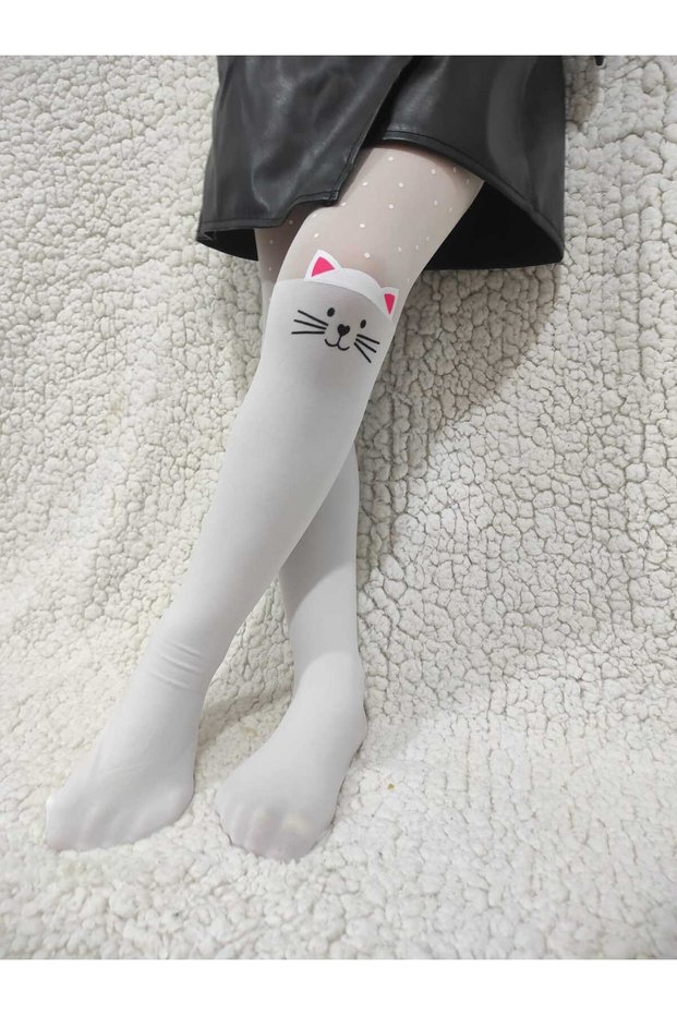 White Girl's Seal Cat Print Pantyhose