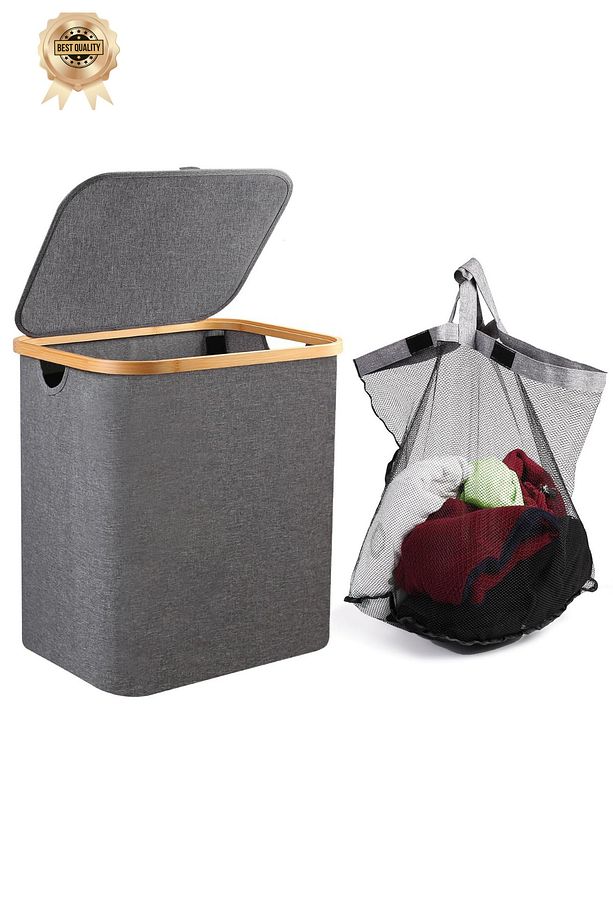 EcoFold Modern Çift Bölmeli Katlanabilir 150 LT Çamaşır Sepeti | Şık Kapaklı & File Torbalı Kirli - 4