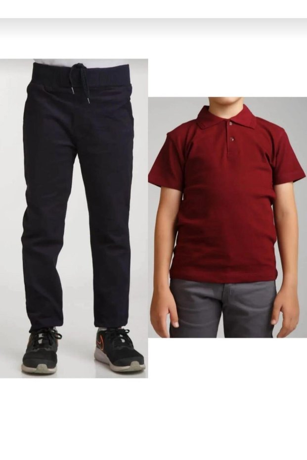 Children's Dark Blue Linen (Elastic Waist) Pants Bordo Short Sleeve School Lakos