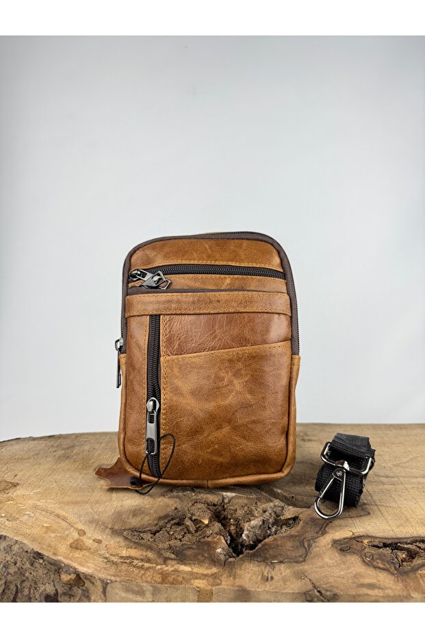 Genuine Leather Unisex Phone Bag, Leather Waist Bag, Multi-Compartment Leather Shoulder Bag