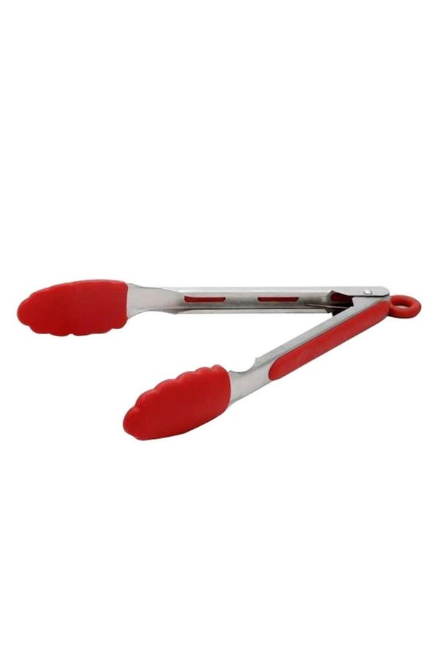 Metal Frying Tongs Silicone Tip Tongs Red Color