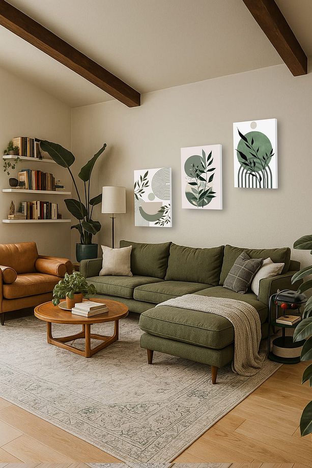 3'lü Bohem Yaprak Desenli Modern Kanvas Tablo Seti - Minimalist Duvar Dekoru - 1