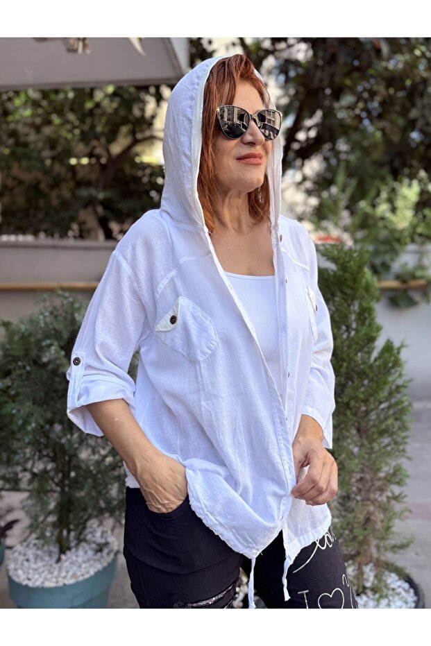 Pullu Kapüşonlu Gömlek/Ceket Beyaz - 1