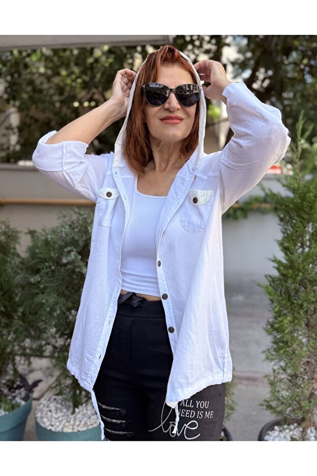 Pullu Kapüşonlu Gömlek/Ceket Beyaz - 2