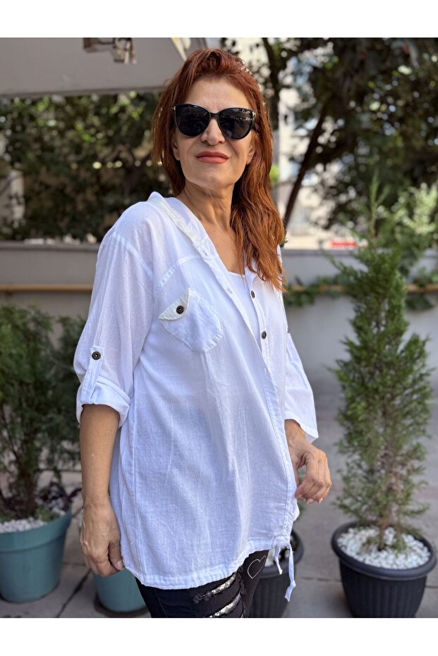 Pullu Kapüşonlu Gömlek/Ceket Beyaz - 4