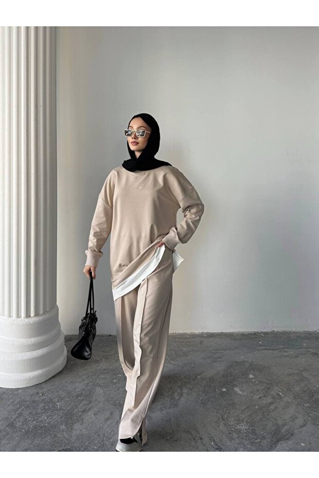 Garnished Ribbed Slit Detailed Two Thread Fabric Oversize Tracksuit Set