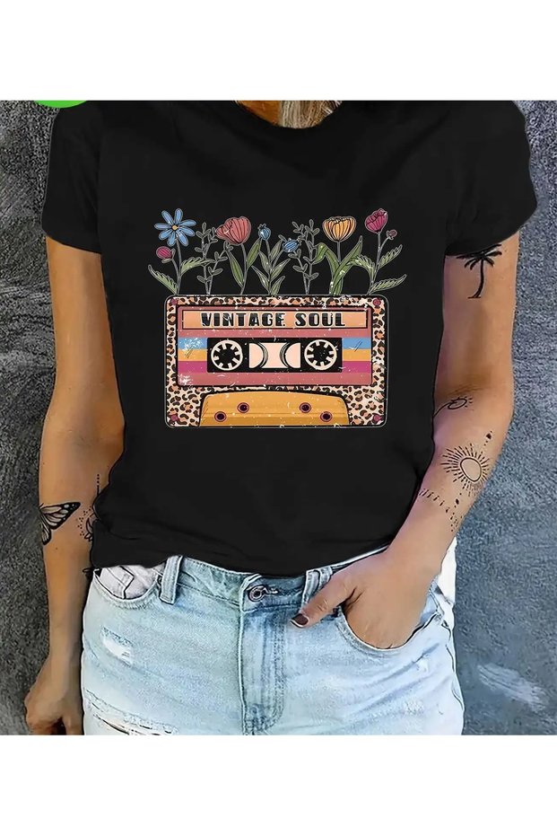 Qubo Unisex Oversize Printed Cotton Crew Neck Short Sleeve Black T-Shirt