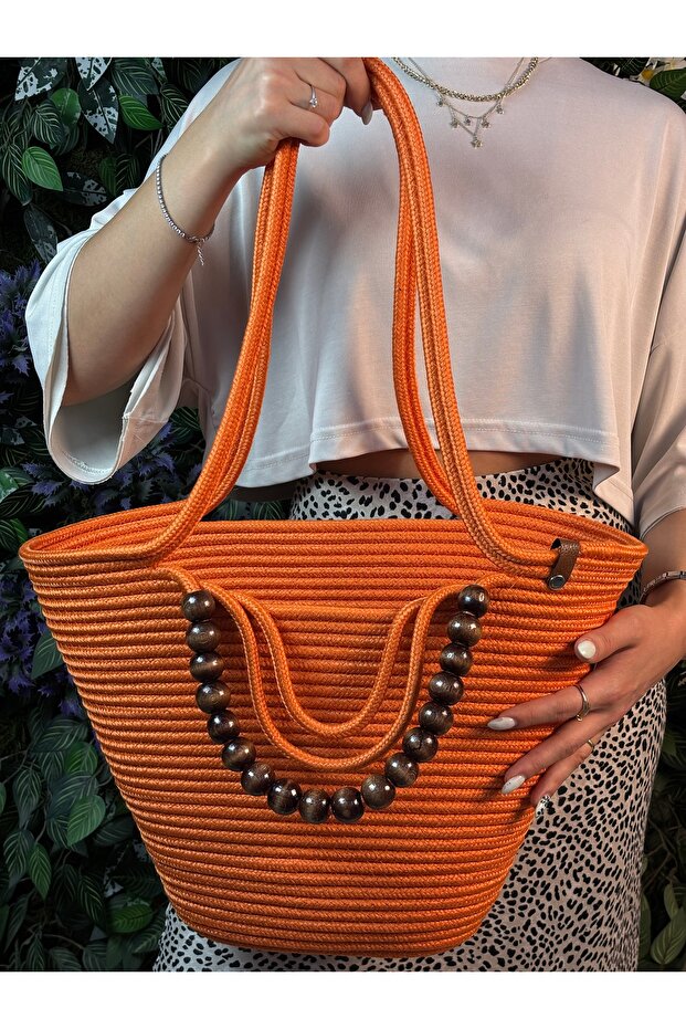 Fiona Stylish Straw Shoulder Bag with Natural Wooden Bead Detail