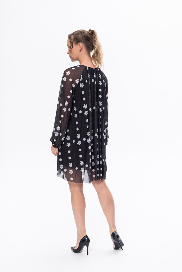 Karton Triko Piliseli Siyah Elbise - 4