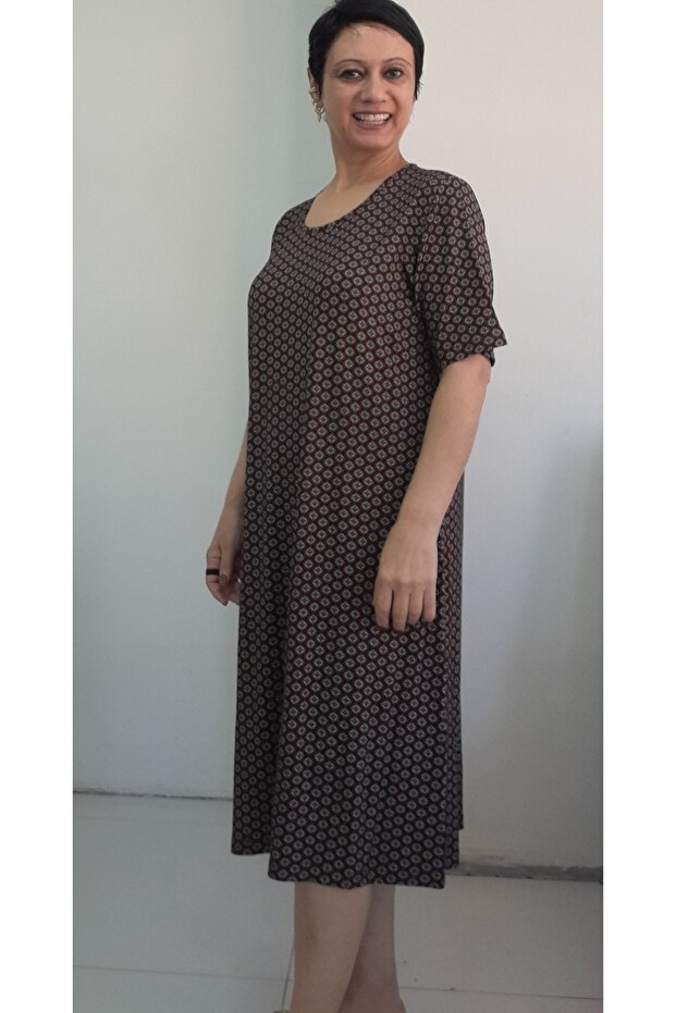Brown Black Print Short Sleeve Combed Viscose Dress