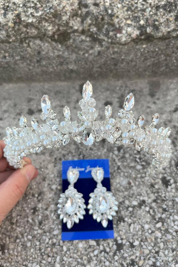 Thalia Crown Wide Shuttle Earrings Set Silver – Bridal Henna Sparkling Evening Dress Accessory with Stones for Wedding