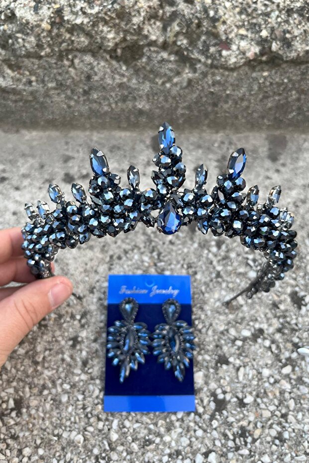Thalia Crown Thin Shuttle Earring Set Navy Blue – Sparkling Evening Dress Accessory with Stones for Bridal Henna Wedding