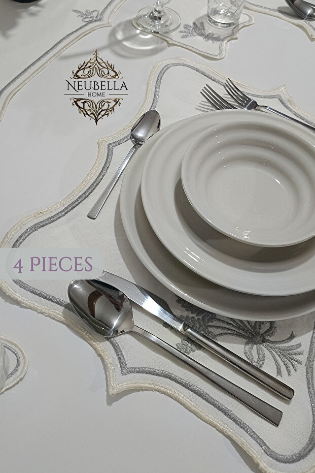 Nerina 4 Piece Luxury American Service Presentation Embroidered Cover Set Carefree Dowry Linen Set for 4 People