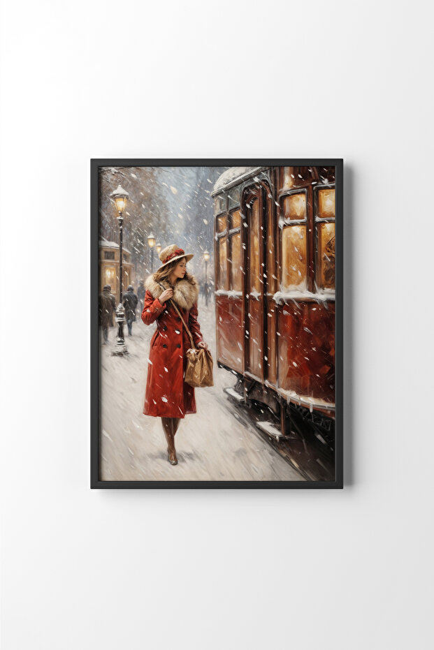 Woman Walking in the Snow - Black Frame